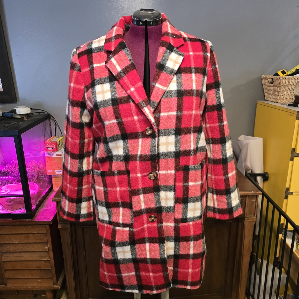 Charlie Paige Women's Plaid Overcoat Red Black White Tan XL Collared Pockets